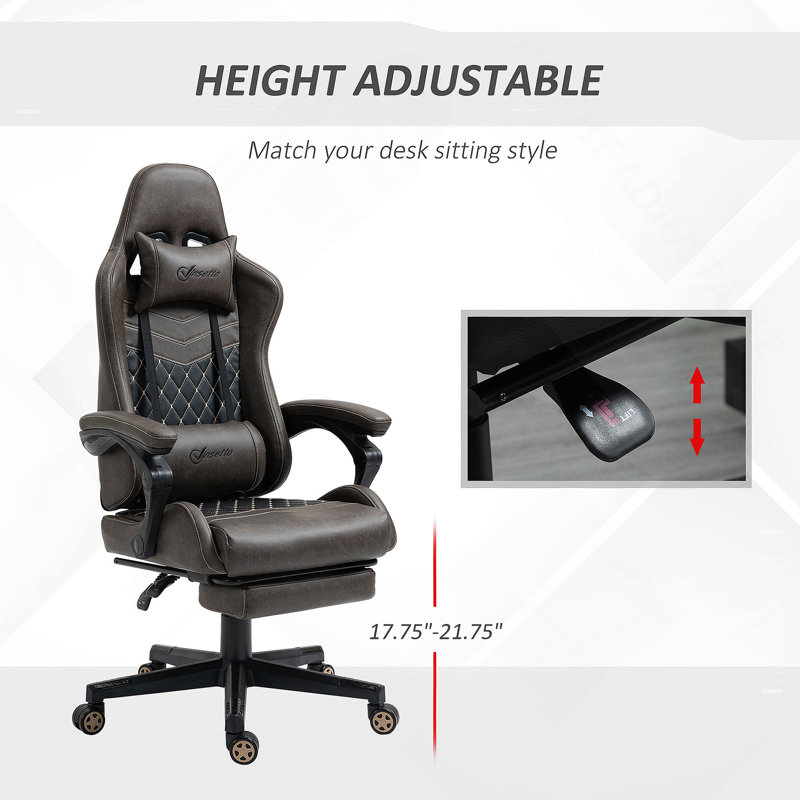Fauteuil de jeu en cuir polyuréthane de bureau de course avec dossier inclinable, dossier lombaire, hauteur réglable, Brun