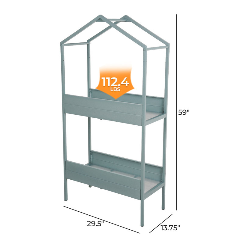 Outdoor Steel Planter Stand With Large Storage, Gray Green