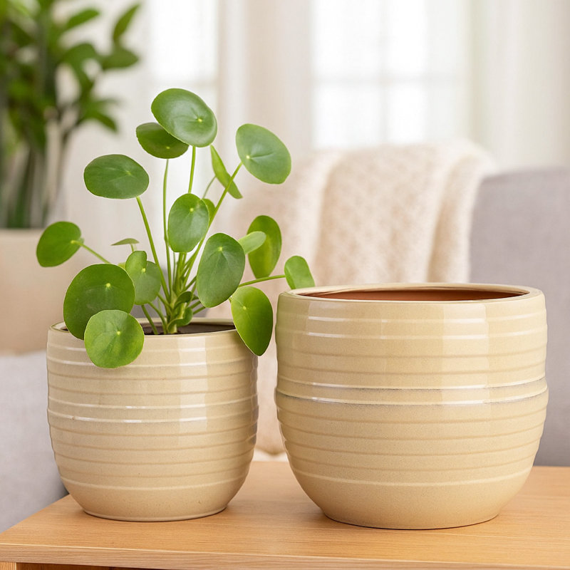 Paulo Barrel Planter Set Of 2, Raised Ribbed Beige Ceramic 19, 15 Inch, White