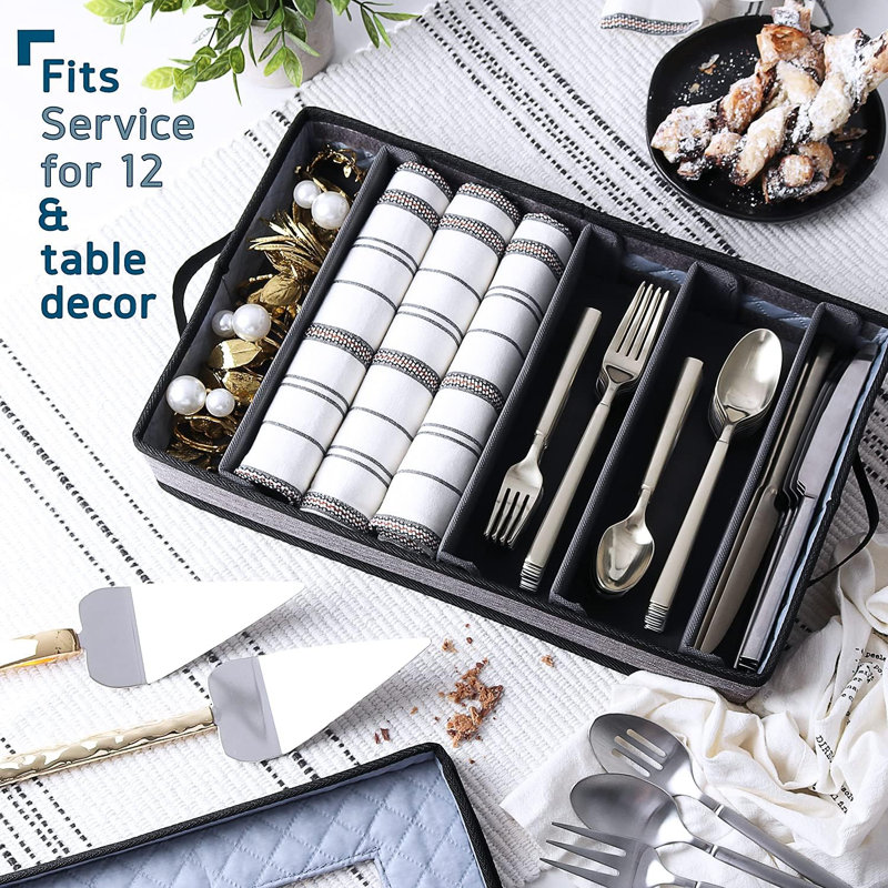 Flatware & Utensil Storage - Durable Silverware Storage Box With Padded Dividers, 5 Compartment Flatware Storage Case, Grey