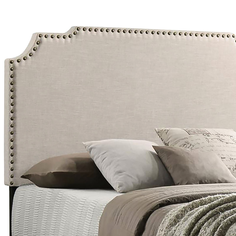 Beige Queen Panel Bed With Modern Style And Nailhead Trim Bedroom Glamorous