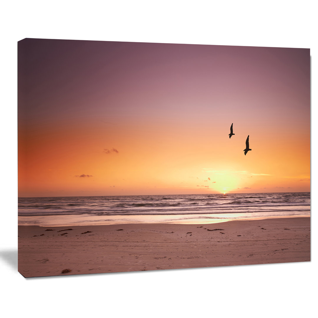 Beach Sunset and Sea Gulls - Wrapped Canvas Photograph Print Design Art 