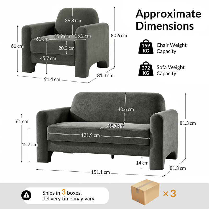 2 Piece Chenille Standard Living Room Set, Grey