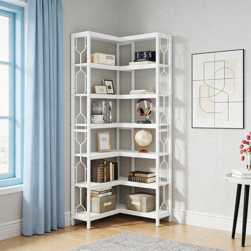 7-Tier Corner Bookshelf, Industrial Freestanding Corner Etagere Bookcase, White