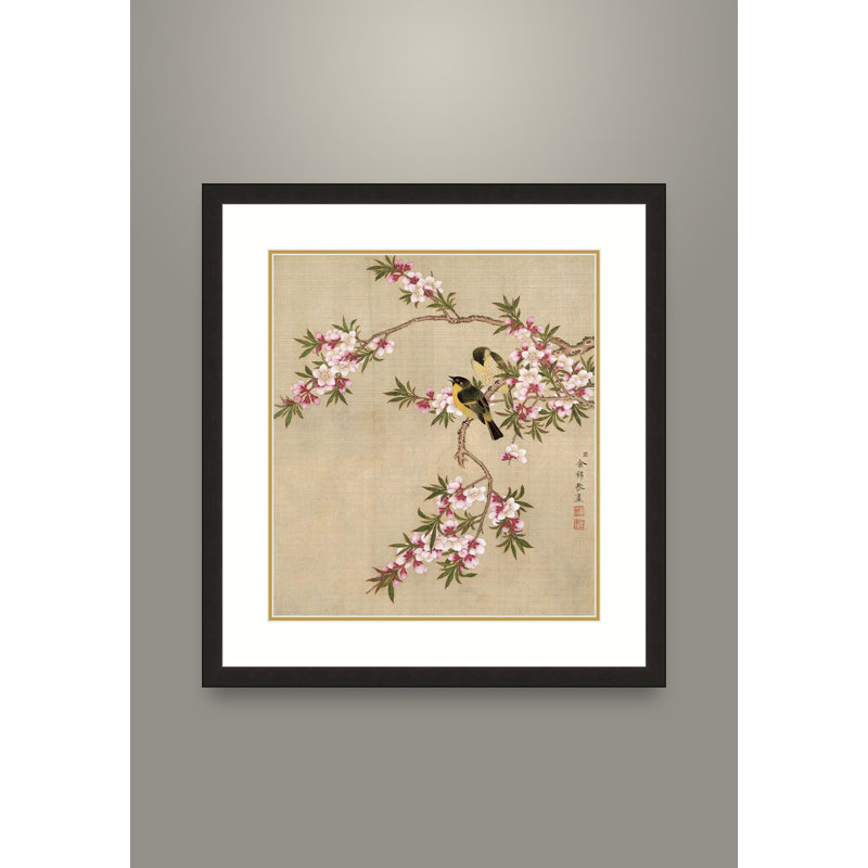 Peach Blossoms and Yellow Sparrows by Yu Zhi - Single Picture Frame Print, 17.5" H x 13.5" W x 0.94" D, Black