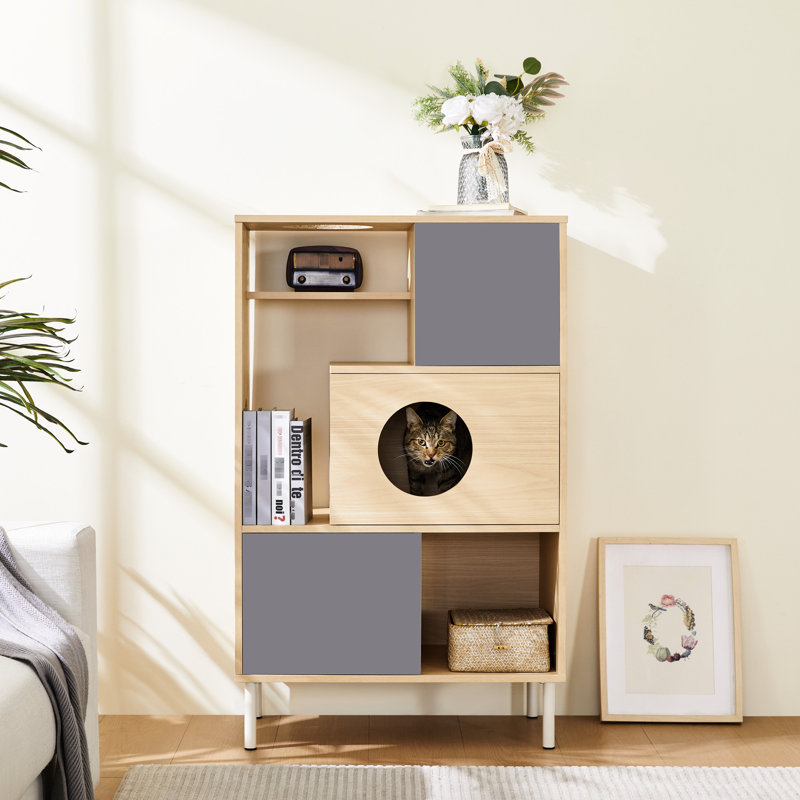 Bibliothèque élégante pour chat avec rangement - ambiance moderne, naturel et blanc, 27,65 po Profondeur, largeur de 15,61 po, hauteur de 42,64 po, poids de 66,8 lb,