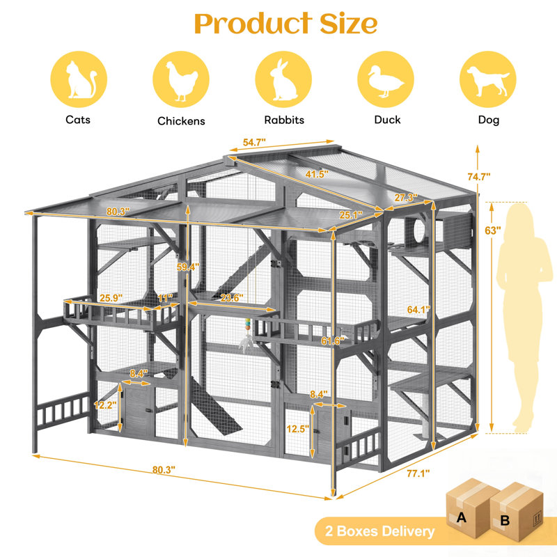 Large Outdoor Catio for 6-10 Cats, Metal Cage with Weatherproof Roof, Platforms, Ramps, and Storage Shelves, Grey