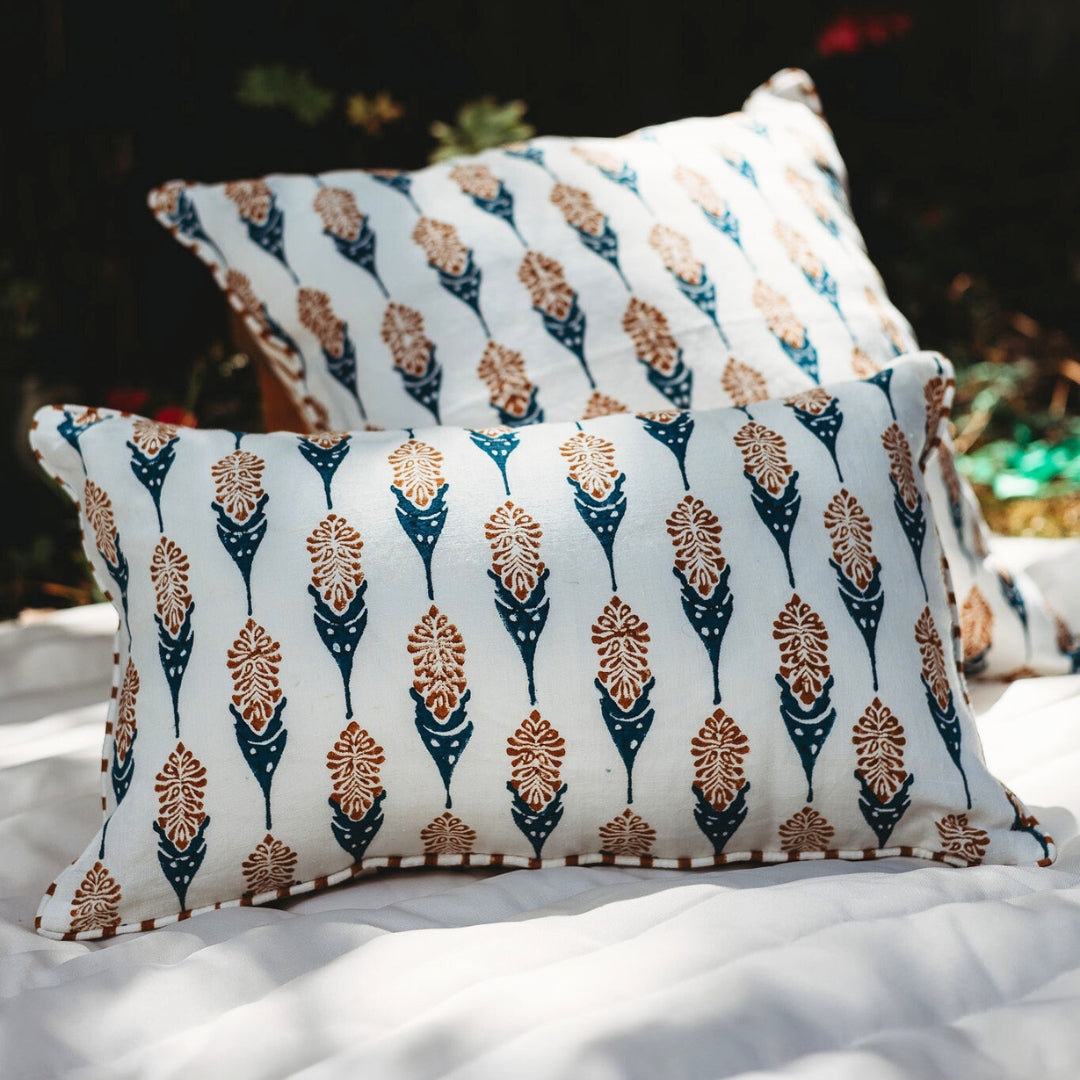 Linen Pillow Cover, Rectangle 12"H x 20"W, Blue/Orange Floral