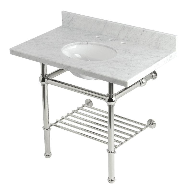 Lavabo console Kingston Templeton 36 "avec pieds en laiton (8 pouces, 3 trous), marbre de Carrare / noir mat Kingston KVPB3630MBB0 Kingston Brass