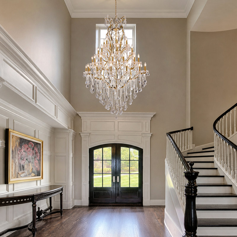 42-Light Crystal Dimmable Chandelier for High Ceilings, Antique Brass