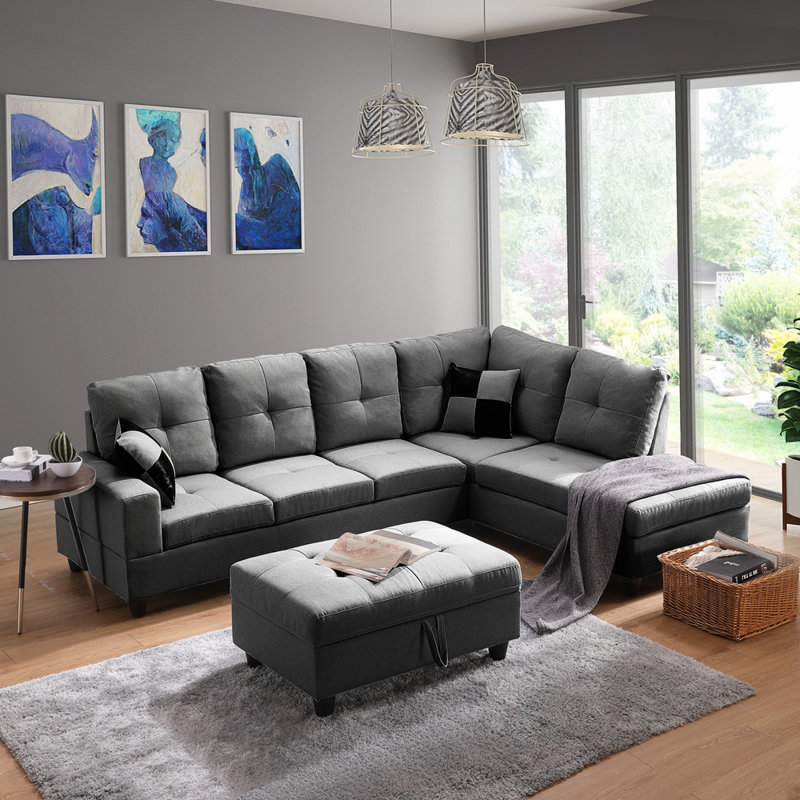 Canapé avec repose-pieds pour le salon, Tissu en polyester gris