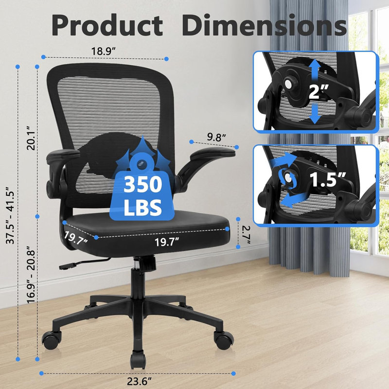 Chaises de bureau avec roulettes, siège ergonomique en cuir de polyuréthane à dossier en maille et siège lombaire réglable avec accoudoirs pivotants pour la conférence, noir