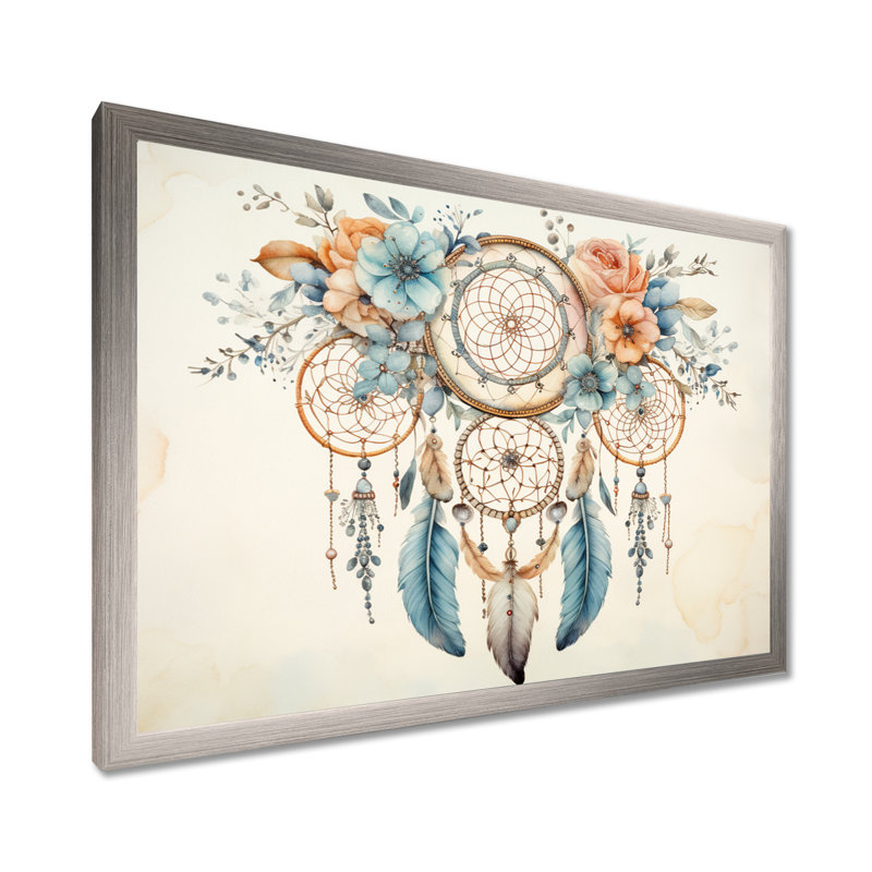 Teal Dreamcatcher Vintage Whispers - impressions sur toile, H 16 po x l 32 po x P 1 po, Cadre simple argenté