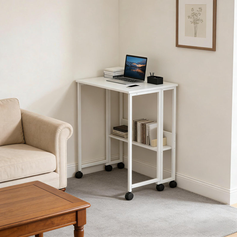 Folding Desk Small Rolling Desk with Storage Shelf and Wheels for Small Spaces, White, White