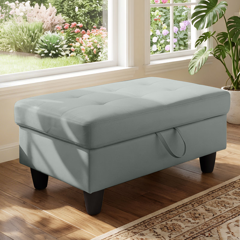 Rectangular Storage Ottoman Bench With Hinged Lid, Faux Leather Footrest For Living Room, Bedroom, Entryway, Gray, 35"X23.5"X17.5"