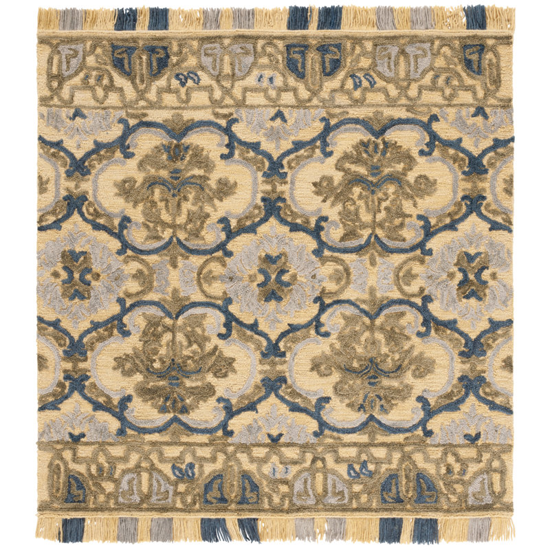 Blossom Tufted Wool/Cotton Performance Floral Rug in Blue/Gold, Square 6'