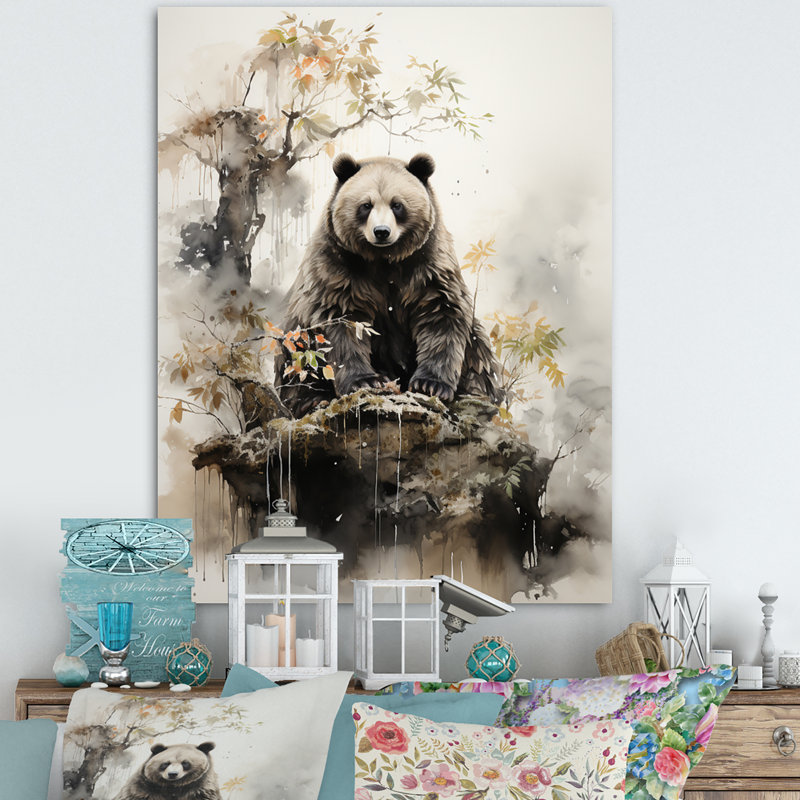 «Ayyash Asian Art Bear Sumi III», reproduction sur toile, H 44 po x l 34 po, Cadre flottant doré