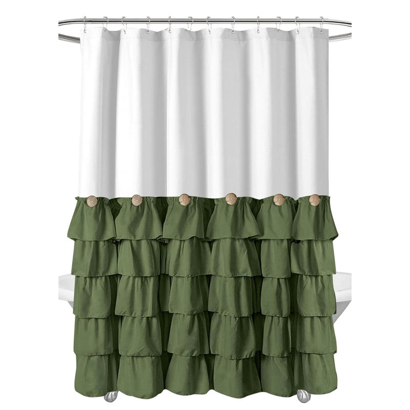 White and Green Ruffled Fabric Shower Curtain with Wooden Buttons
