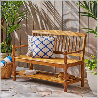 Banc de style campagnard avec rangement intégré, finition en bois d'acacia fabriqué à la main et en teck pour un décor élégant