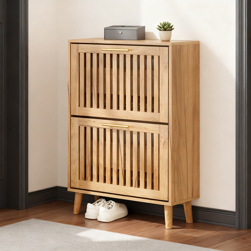 Armoire de rangement pour chaussures mince avec 2 tiroirs rabattables et portes à persiennes, organisateur de chaussures autoportant pour l'entrée, le couloir ou le salon, conception compacte pour les petits espaces
