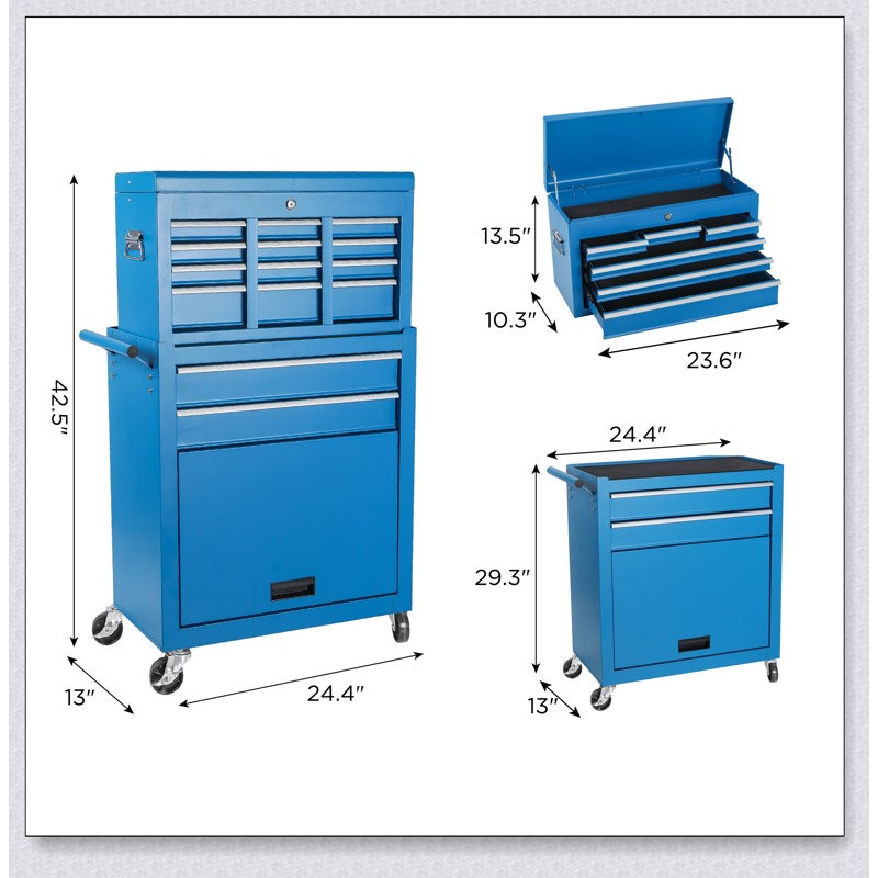 Armoire de rangement à outils 8 tiroirs avec dessus amovible, doublure, roues verrouillables et crochets latéraux pour le garage