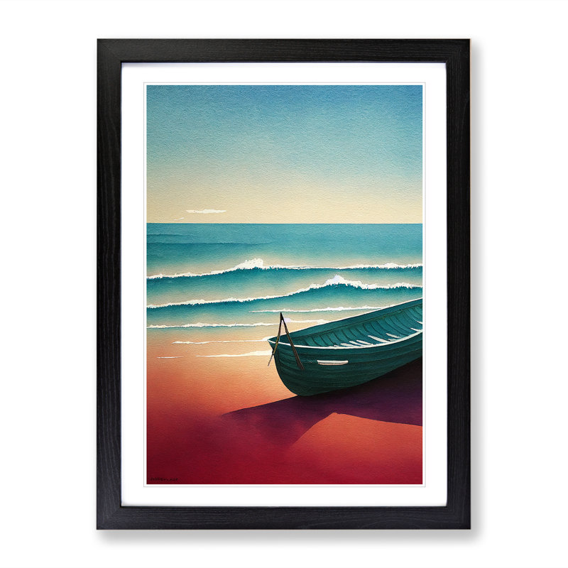 Boat On A Sandy Beach - Print, White, Black Framed, 66cm H x 48cm W x 2cm D