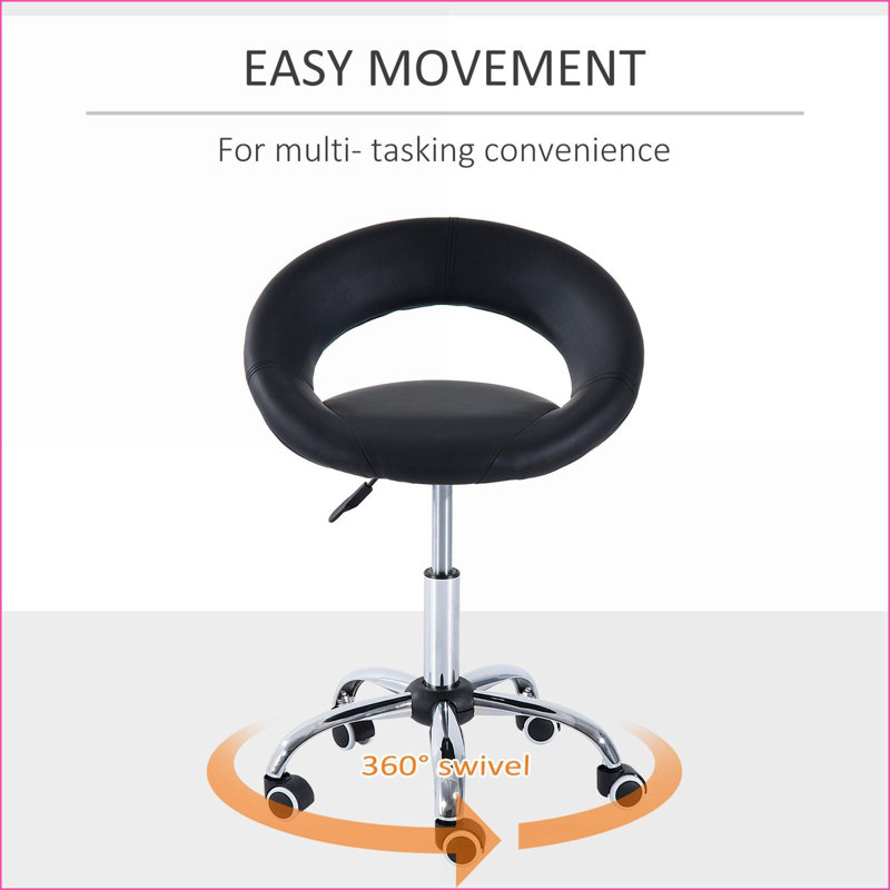 Tabourets | Tabouret roulant Crescent à hauteur réglable, dossier respirant, coussin en mousse, 5 roulettes | Similicuir | Noir