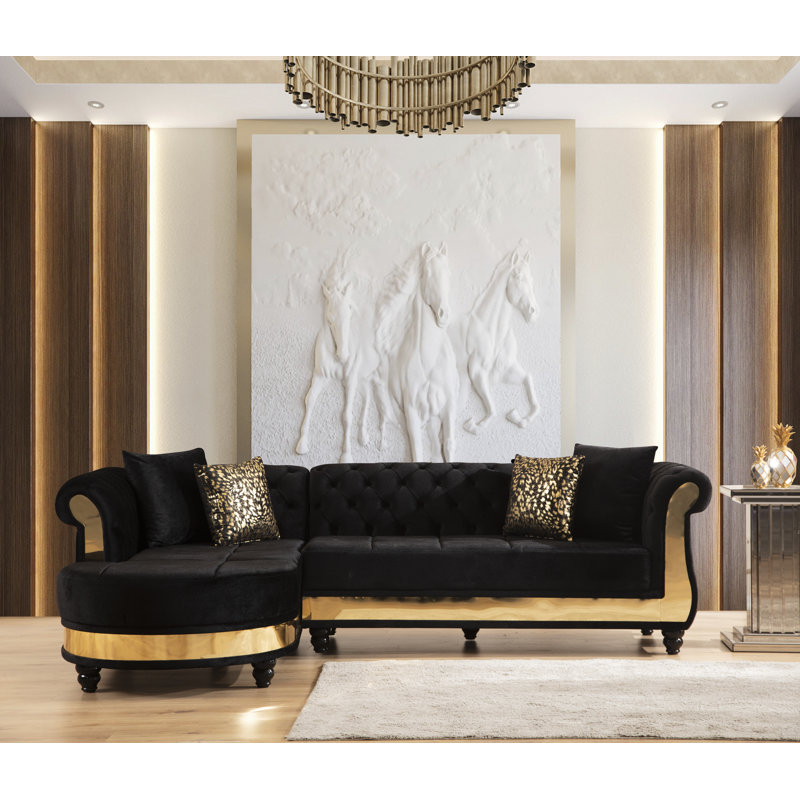 Dikshant 109" Wide Velvet Left Hand Facing Sofa Chaise, Black Velvet