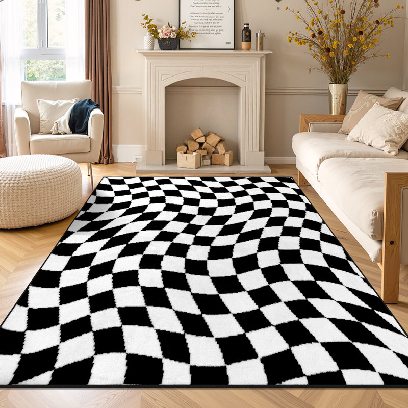 Tapis à carreaux lavable antidérapant Modern, Rectangle 5 pi x 7 pi, Noir / blanc