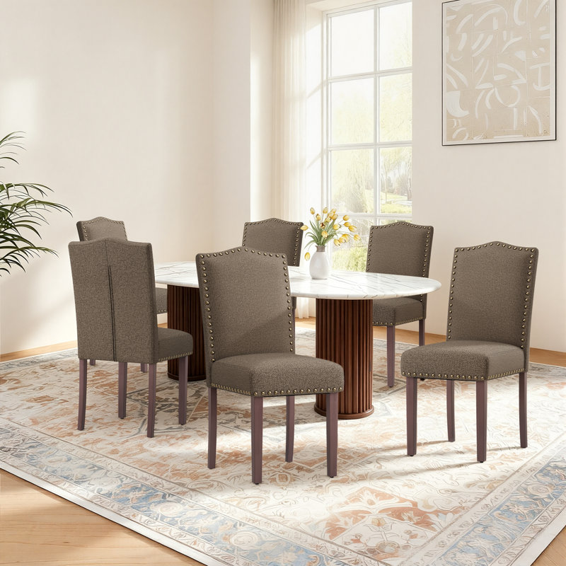 Modern Soft Linen Fabric 6'' Thickened Upholstered Dining Chair with Solid Wood Legs, Nailhead Trim, Ergonomic High Back