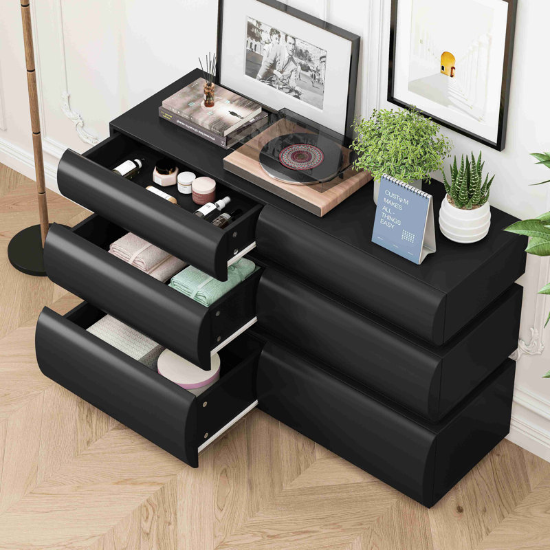 Commode 6 tiroirs sans poignée pour commode de chambre à coucher, 6 tiroirs modernes avec rangement large, Noir