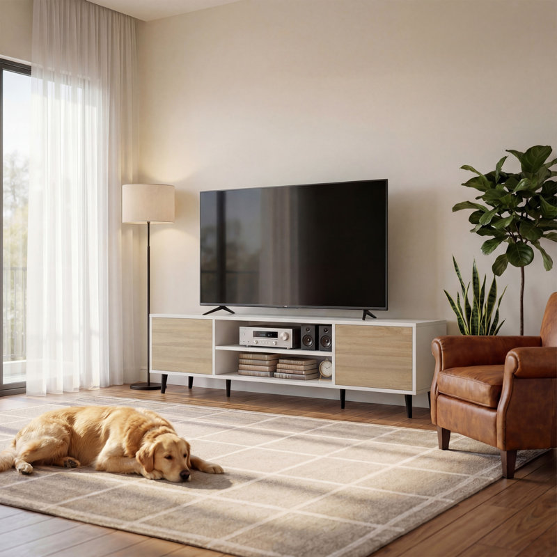 Modern TV Stand with Ample Storage, Fits TVs Up to 70 Inches, White & Light Wood