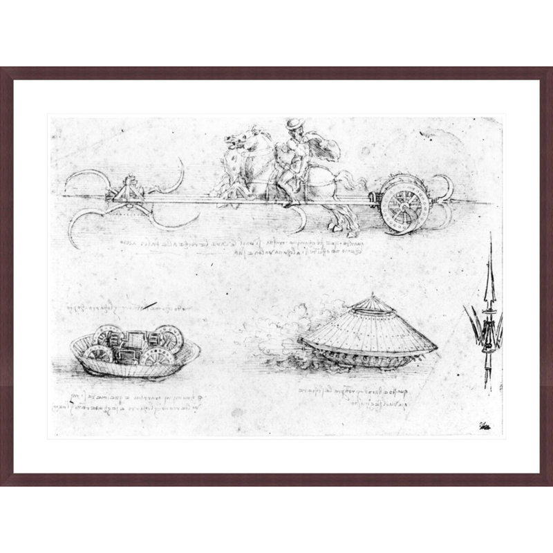 Design for a scythed chariot and armoured car by Leonardo da Vinci -Framed Giclee Print, H 31,54 po x l 41,5 po