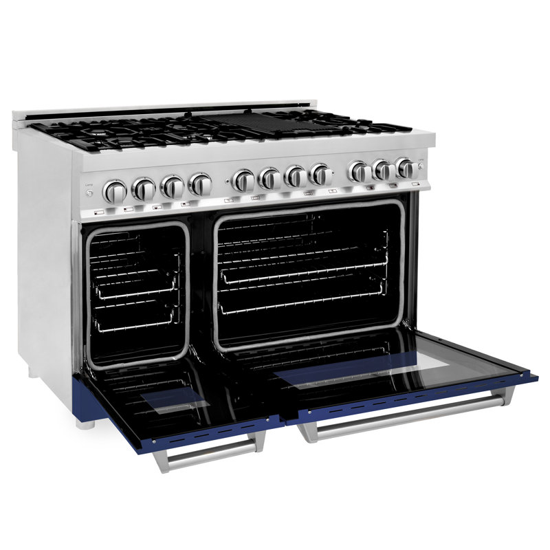 ZLINE 48 in. 6.0 cu. ft. Legacy Dual Fuel Range with 7 Burner Gas Cooktop and 2 Electric Ovens, Blue Matte Stainless Steel