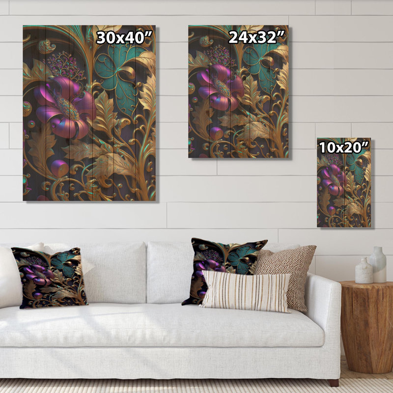 Fleurs abstraites ornées en mauve et or I - impression, H 30 po x l 40 po x P 1,5 po, Bois