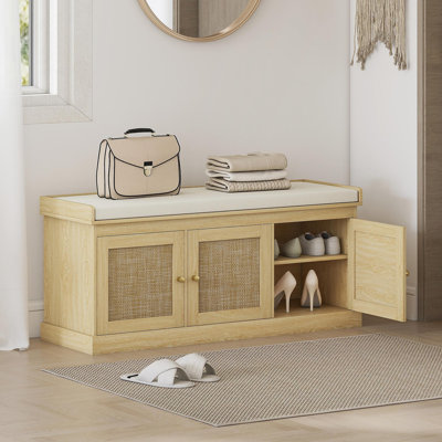 Banc de rangement à chaussures avec rotin tissé HOMcom, banc à chaussures avec coussin, tablettes réglables, banc d'entrée pour chambre à coucher, salon, ton chêne