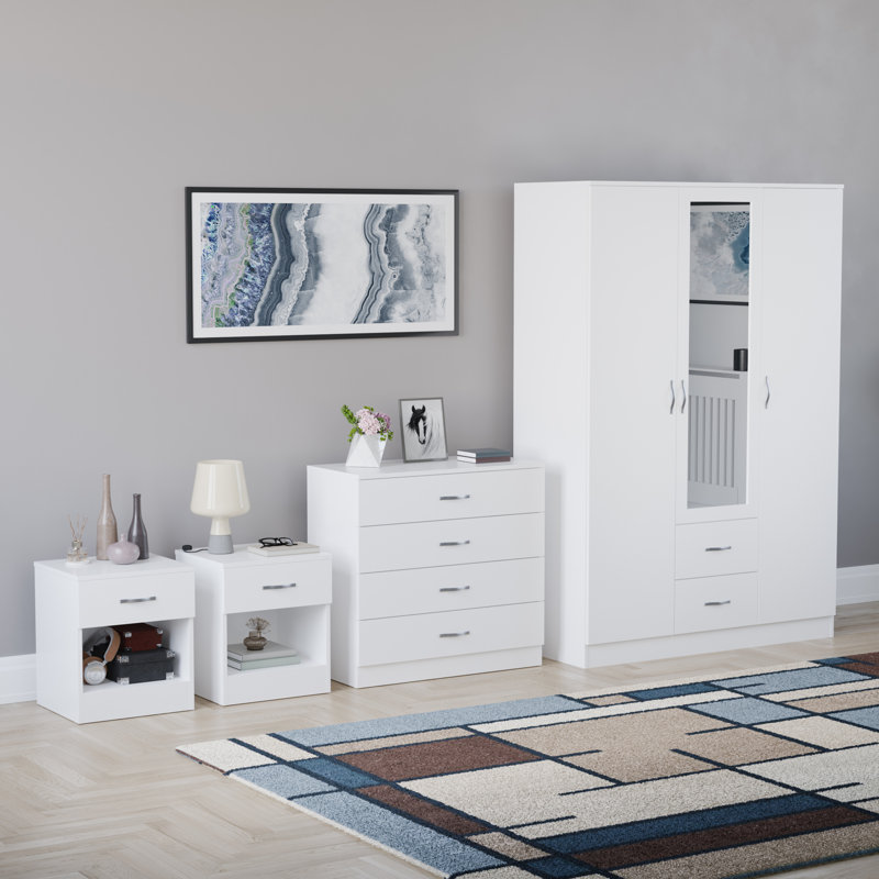 Tayce 4 Piece Bedroom Set (1 Drawer Bedside Chest X2, 4 Drawer Chest, 3 Door 2 Drawer Mirrored Wardrobe), White