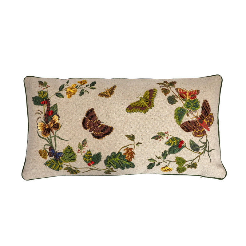 Embroidered Butterfly and Flower Lumbar Pillow with Piping