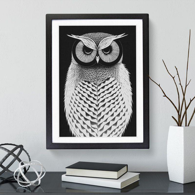 Monochrome Owl - Single Picture Frame Print, Black, 34cm H x 25cm W x 2cm D