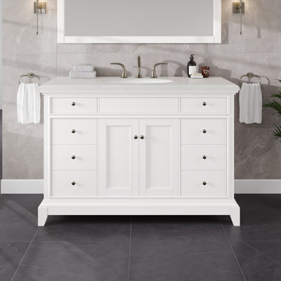 Ensemble de meuble-lavabo simple 48 po avec plateau en quartz Carrara et lavabo sous-comptoir en porcelaine Elite Stamford