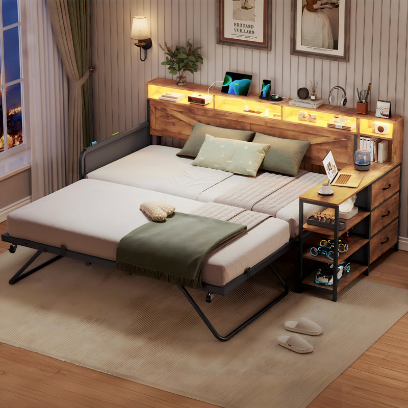 Daybed Twin with Pop Up Trundle, Farmhouse Wooden Day Bed Frame with 3 Storage Drawers and Shelves, Twin Daybed with Charging Station and LED Lights for Bedroom, Guest Room