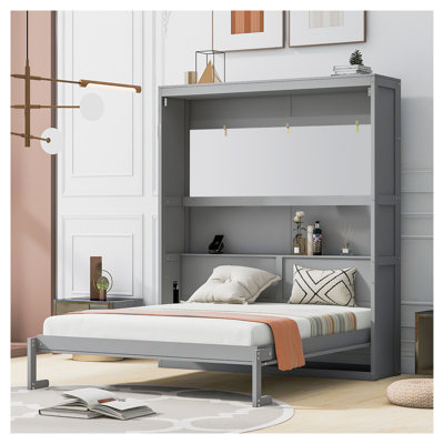 Queen Size Murphy Bed Wall Bed with Storage Shelves, Gray Space-Saving Fold Down Cabinet Bed for Home Office & Guest Room