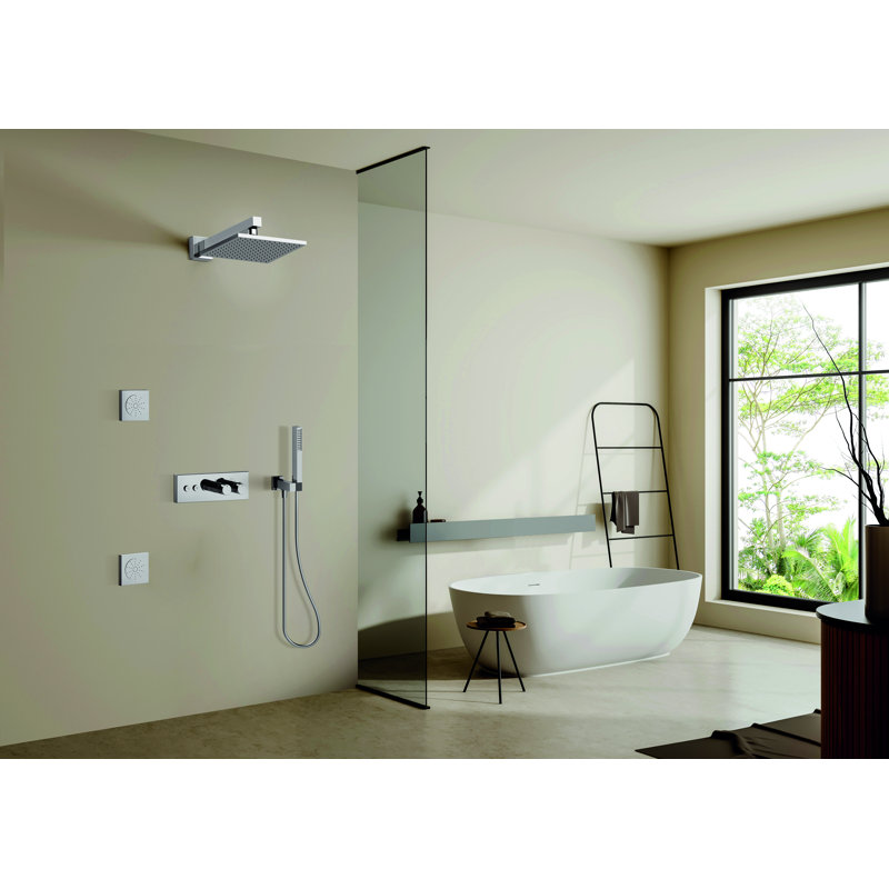 LineaBox Horizontal Square 3-Way Diverter Shower System with 8-Inch Rain Shower Head, Two Body Sprays and Wall Mounted Hand Shower, Valve Included