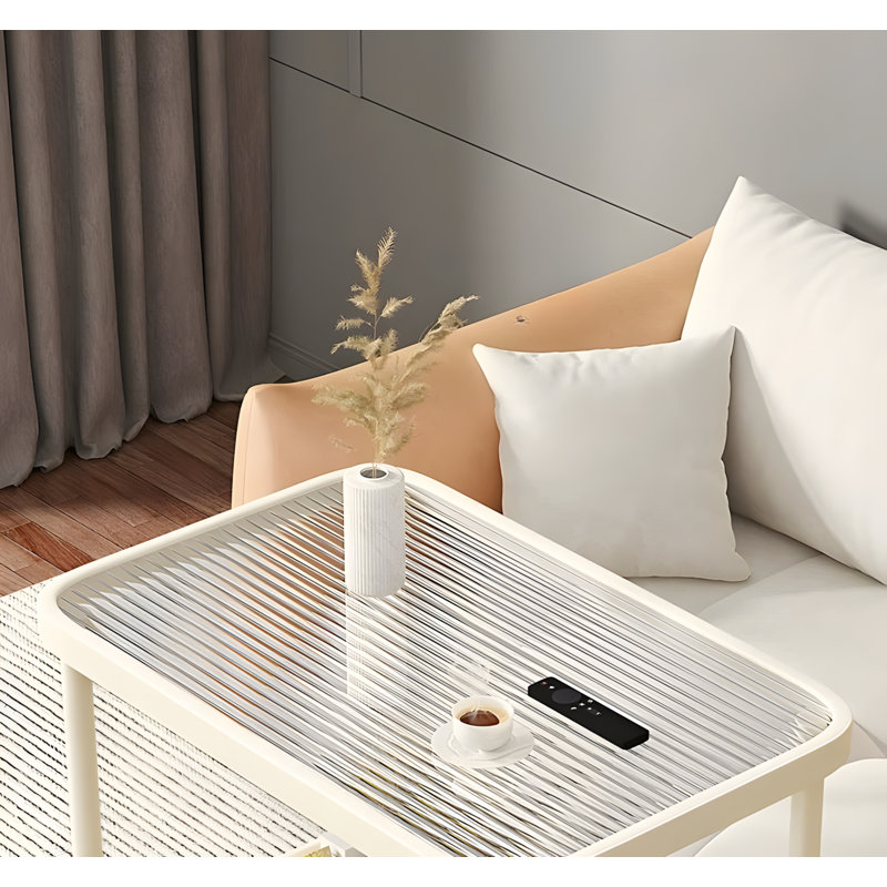 Scandinavian Glass Side Table With Wheels - Modern Mobile End Table For Living Room, Bedroom Or Office - Minimalist Square Design With Sturdy Metal Frame