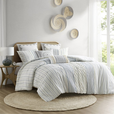 Ensemble d'édredon en coton avec chenille blanc / bleu marine / grand