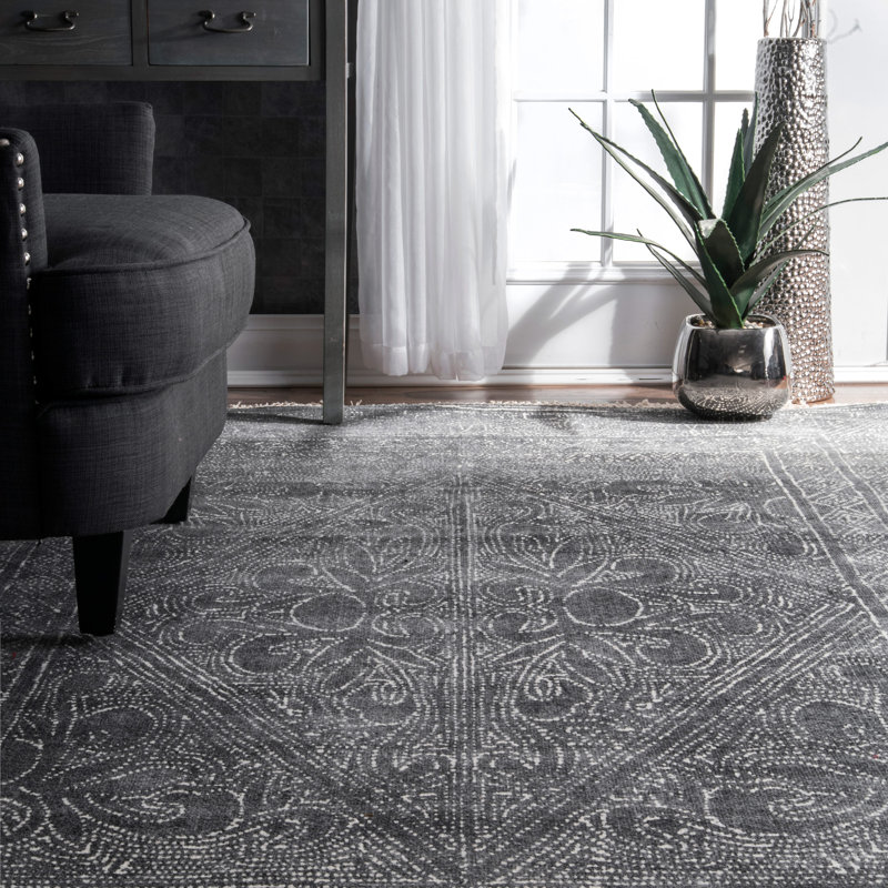 Tapis gris foncé tissé à la main à motif oriental, Rectangle de 5 pi x 8 pi