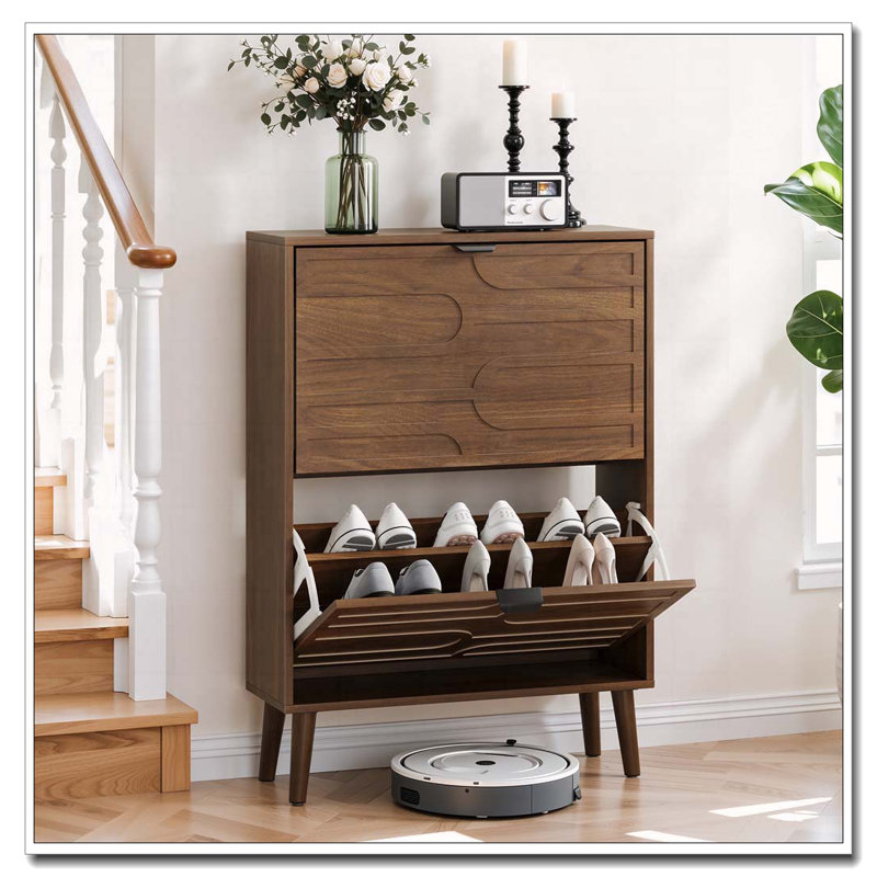 Independent Shoe Cabinet, 23.62-Inch Walnut Shoe Storage Cabinet,, Fence Shoe Cabinet With 2 Flip Drawers