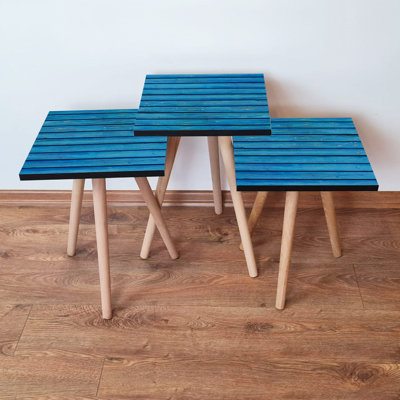 Modern Nesting Table Set (3 Pieces), Solid Blue, 13.8 x 20.5 x 13.8 in | 100% MDF with Beech Wood Legs | Perfect for Living Room, Stylish and Space-Saving Design, Ideal for Small Spaces and Contemporary Decor