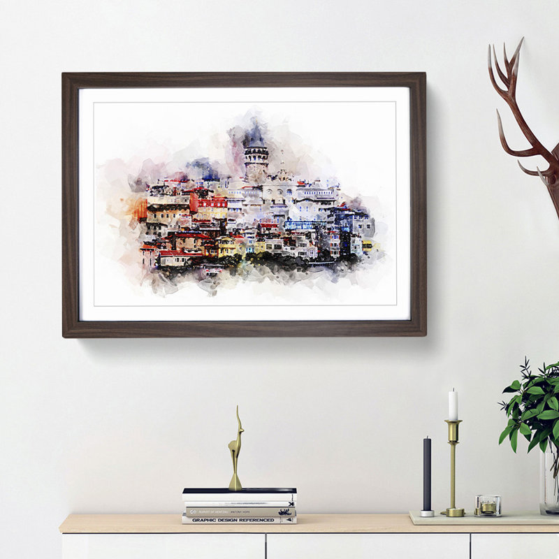 Galata Tower in Istanbul Turkey in Abstract - Picture Frame Painting Print on MDF, Walnut Framed, 27cm H x 36cm W x 2cm D