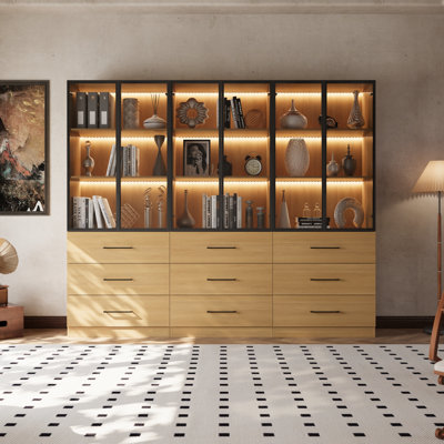 Bibliothèque en chêne avec 9 tiroirs et lumières DEL